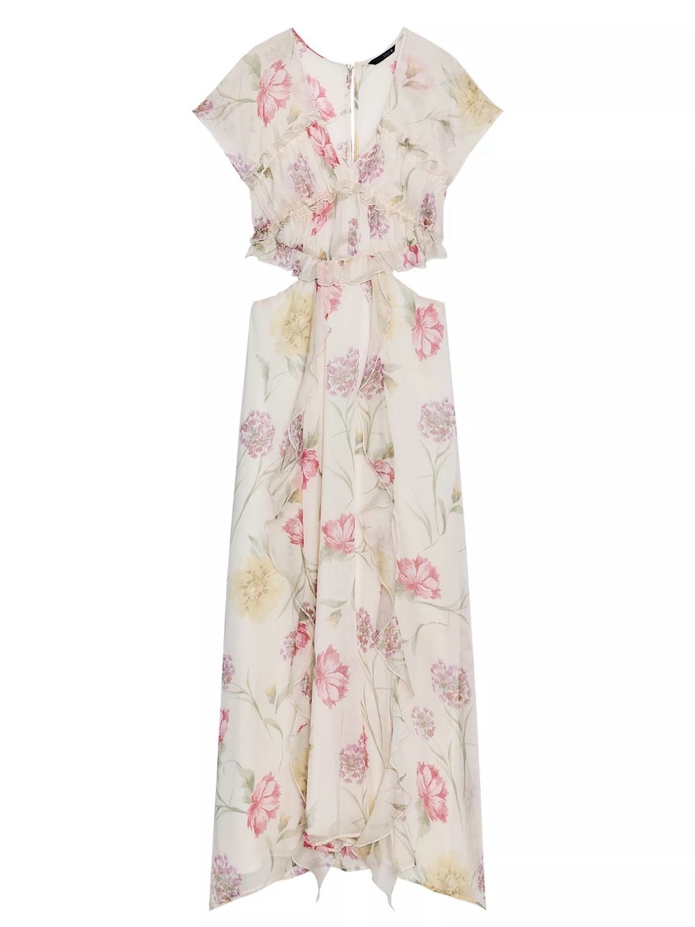 Zara Floral V-Neck Ruffle Maxi Dress in Cream, Pink and Yellow